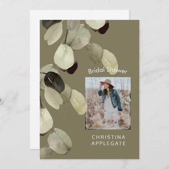 Bride Photo Eucalyptus Dark Khaki Bridal Shower Invitation (Front/Back)