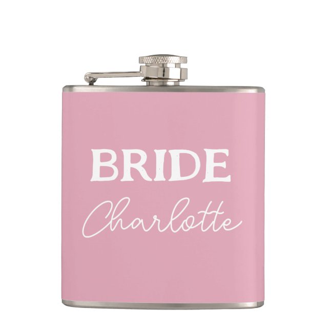 Bride Pink And White Personalised Name Hip Flask (Front)