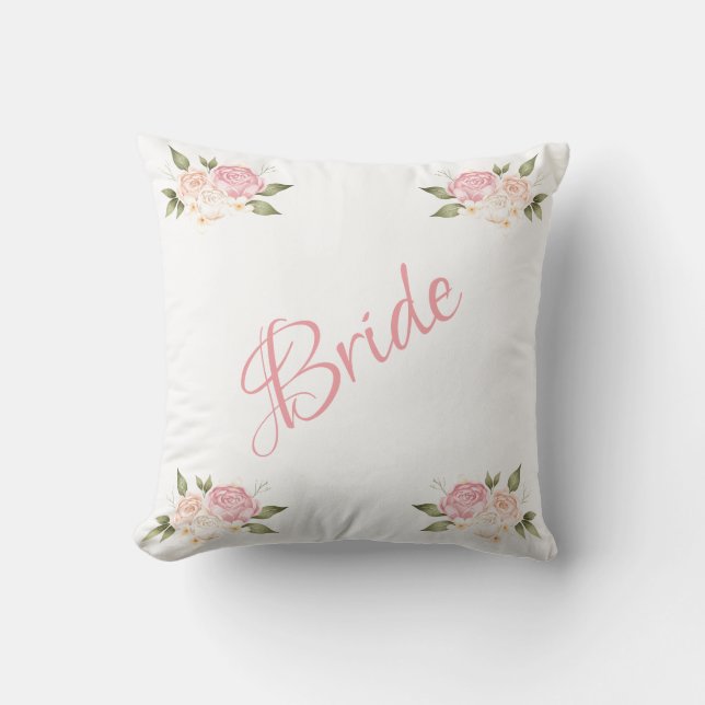 Bride Pink Floral Script Chic Watercolor Wedding Cushion (Front)
