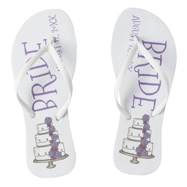 BRIDE Purple Wedding Floral Cake Bridal Shower Flip Flops (Footbed)
