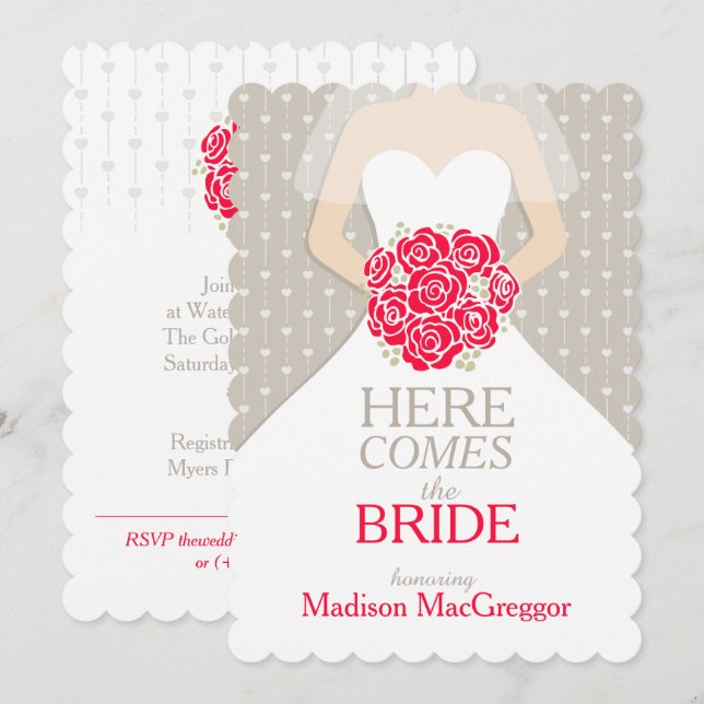 Bride red bouquet graphic bridal shower invite (Front/Back)
