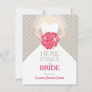 Bride red roses bouquet bridal shower invite