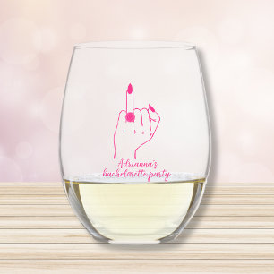 Bride Ring Finger Pink Funny Bachelorette Stemless Wine Glass