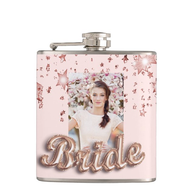 Bride rose gold blush stars photo glamourous hip flask (Front)