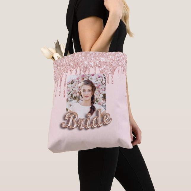 Bride rose gold drips photo wedding tote bag (Close Up)