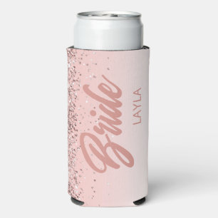 Bride Rose Gold Glitter Script Personalised Name Seltzer Can Cooler