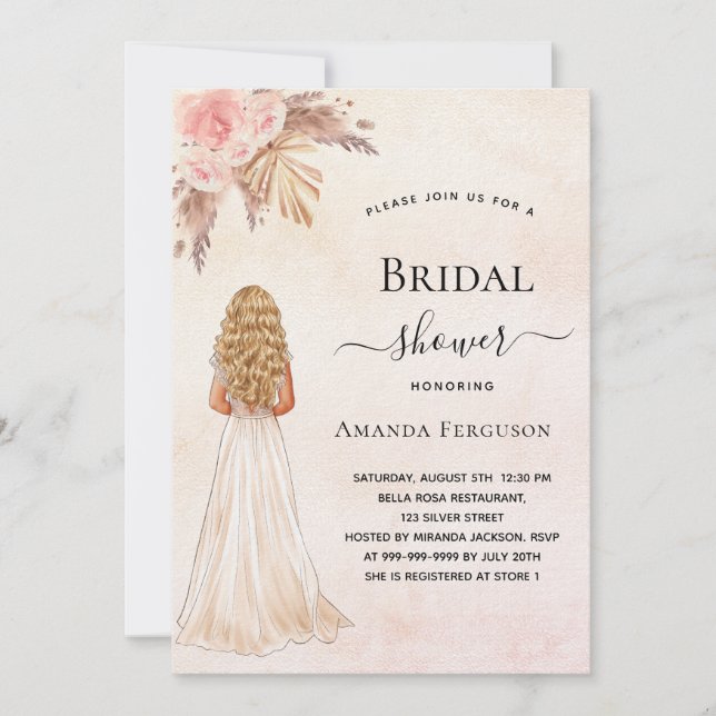 Bride rose gold pampas grass luxury Bridal Shower Invitation (Front)
