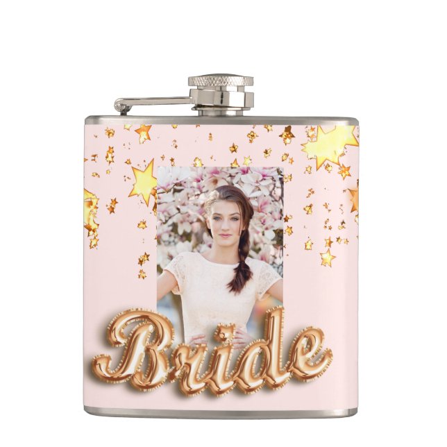 Bride rose gold stars sparkle glam photo hip flask (Front)
