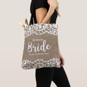 Bride Rustic Lace Burlap Wedding Personalised Tote Bag