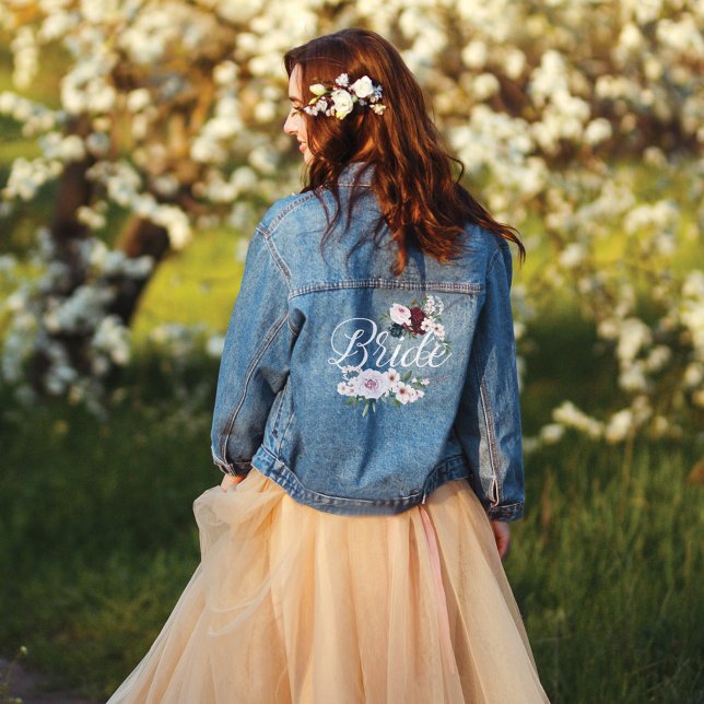 Bride Script Burgundy & Pink Watercolor Flowers Denim Jacket (Bride Script Burgundy & Pink Watercolor Flowers Denim Jacket)