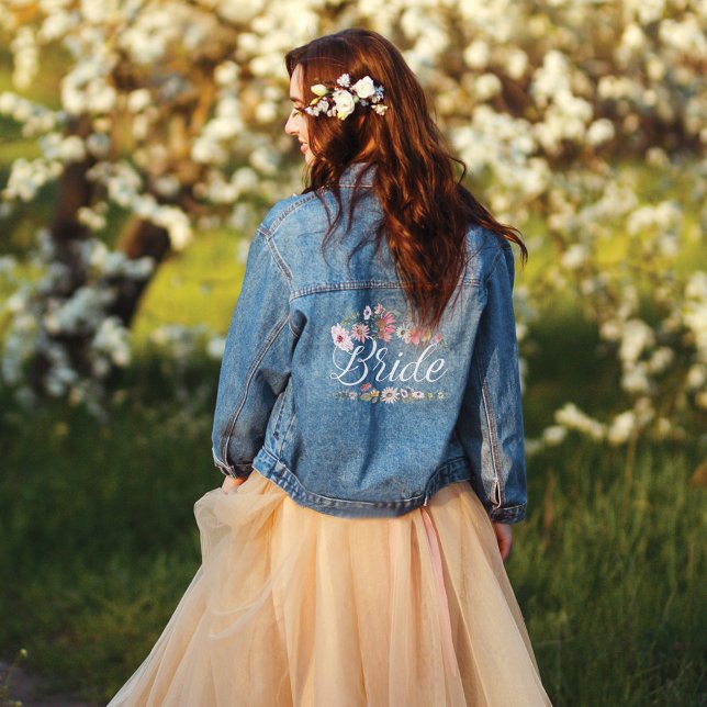 Bride Script Chic Watercolor Wildflower Wedding Denim Jacket (Bride Script Chic Watercolor Wildflower Wedding Denim Jacket)
