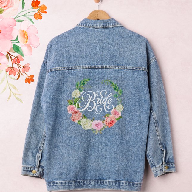 Bride script floral wreath Bride Chic flowers Denim Jacket (Creator Uploaded)