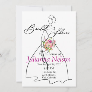 Bride silhouette and Pink floral bridal shower  Invitation