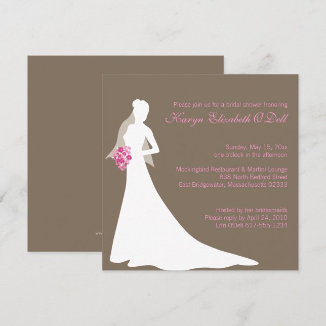 Bride Silhouette with Pink Flowers Bridal Shower Invitation (Front/Back)