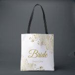 Bride Simple Elegant Wedding Tote Bag White Gold<br><div class="desc">These Bride tote bags are designed to coordinate with our Gold Foil Elegant Wedding Suite and is fully customizable. Simple design includes gold script text with a floral border over a white background. All text is customizable. Great memento of your special day!</div>