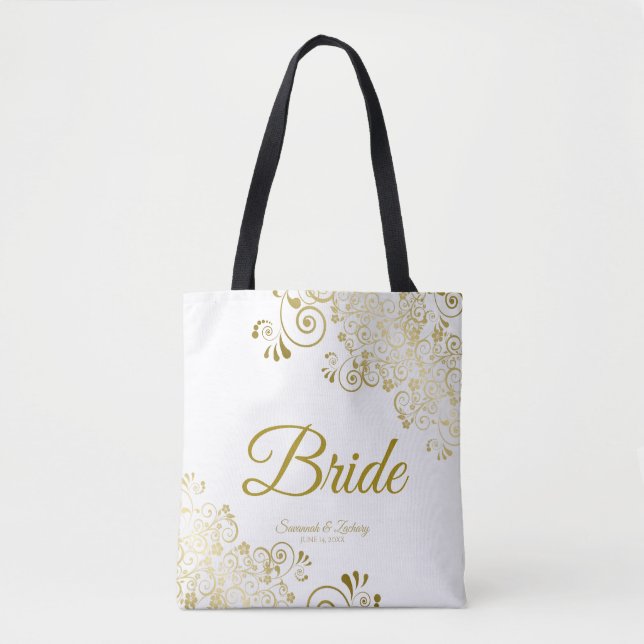 Bride Simple Elegant Wedding Tote Bag White Gold (Front)
