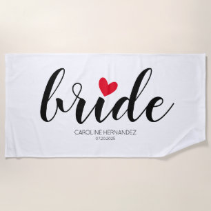 Bride Simple Text with Red Heart Custom Beach Towel