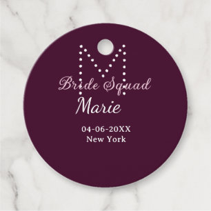 Bride squad add name monogram bridesmaid mauve favour tags