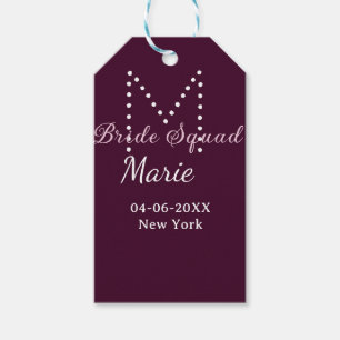 Bride squad add name monogram bridesmaid mauve gift tags