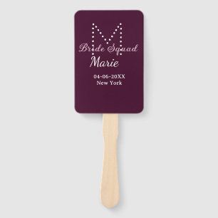 Bride squad add name monogram bridesmaid mauve hand fan