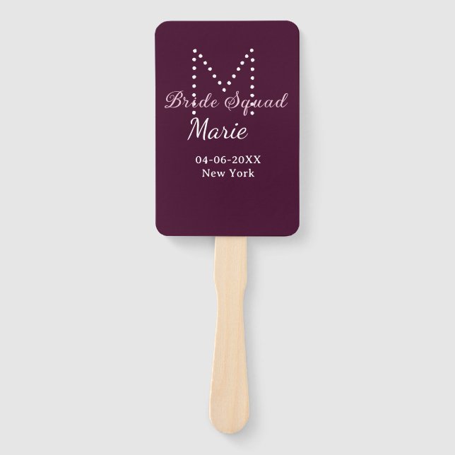 Bride squad add name monogram bridesmaid mauve  hand fan (Front)