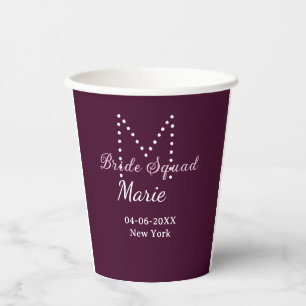 Bride squad add name monogram bridesmaid mauve paper cups