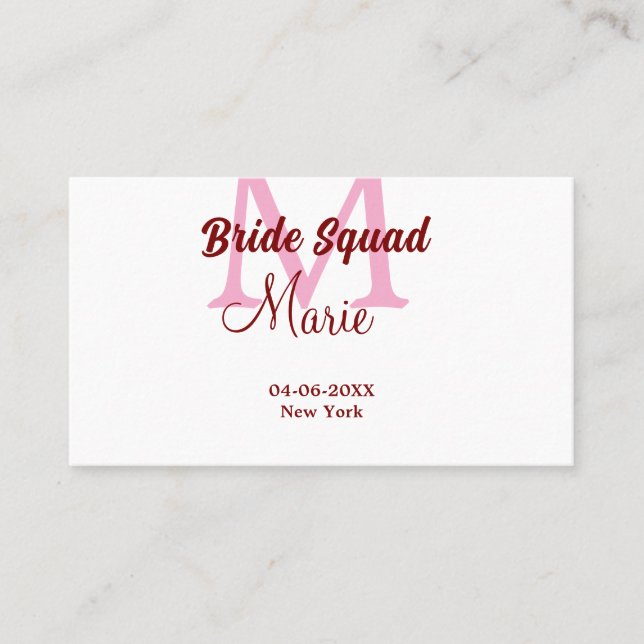 Bride squad add name monogram bridesmaid pink date business card (Front)