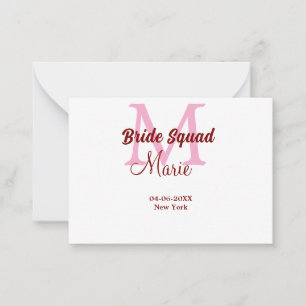 Bride squad add name monogram bridesmaid pink date card