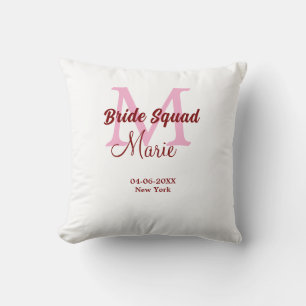 Bride squad add name monogram bridesmaid pink date cushion