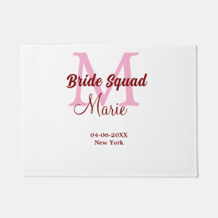 Bride squad add name monogram bridesmaid pink date doormat
