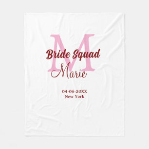 Bride squad add name monogram bridesmaid pink date fleece blanket