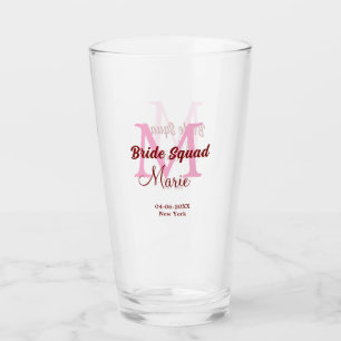 Bride squad add name monogram bridesmaid pink date glass