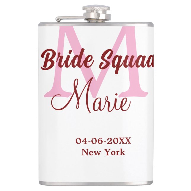 Bride squad add name monogram bridesmaid pink date hip flask (Front)