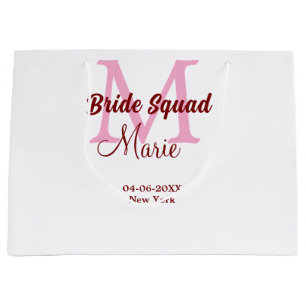 Bride squad add name monogram bridesmaid pink date large gift bag