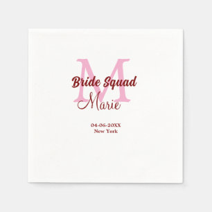 Bride squad add name monogram bridesmaid pink date napkin