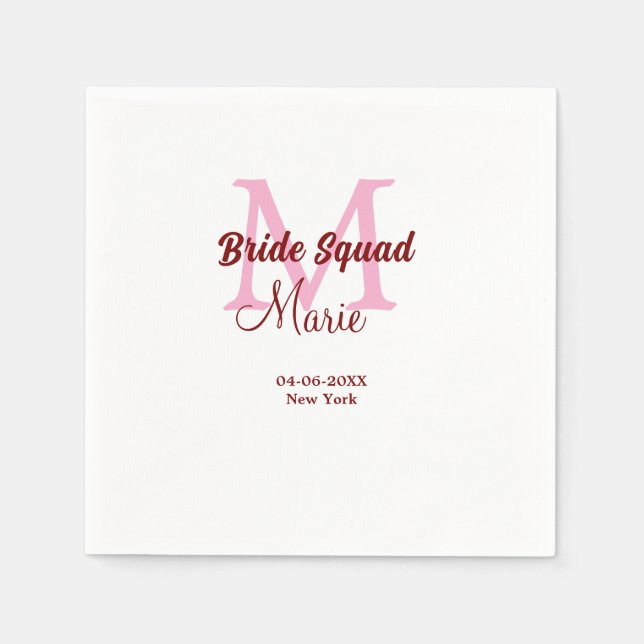 Bride squad add name monogram bridesmaid pink date napkin (Front)