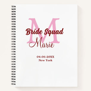 Bride squad add name monogram bridesmaid pink date notebook