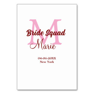 Bride squad add name monogram bridesmaid pink date table number