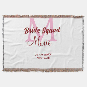 Bride squad add name monogram bridesmaid pink date throw blanket