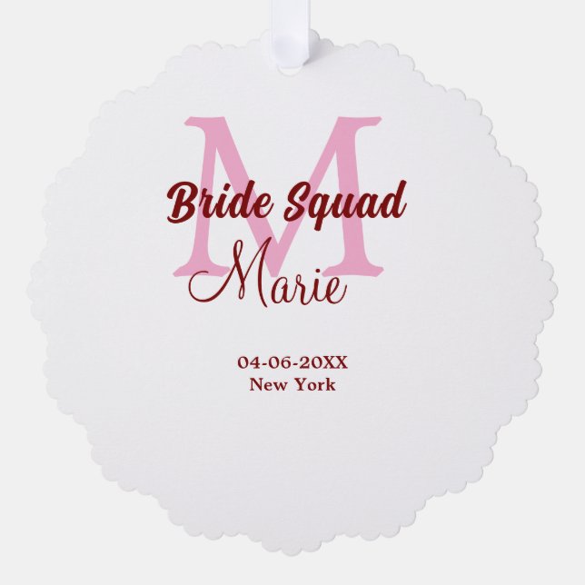 Bride squad add name monogram bridesmaid pink date tree decoration card (Front)