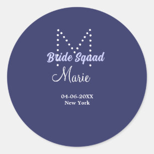 Bride squad add name monogram bridesmaid purple wh classic round sticker
