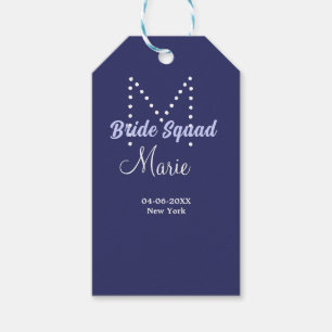 Bride squad add name monogram bridesmaid purple wh gift tags