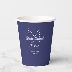 Bride squad add name monogram bridesmaid purple wh paper cups
