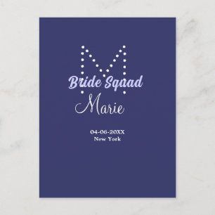 Bride squad add name monogram bridesmaid purple wh postcard