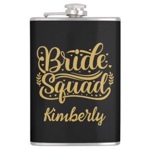 Bride Squad Black and Gold Word Art Personalised  Hip Flask