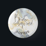 Bride Squad Blue Ombre Watercolor Gold Splash Name 3 Cm Round Badge<br><div class="desc">Just the job for the bachelorette party Bride Squad buttons with cool modern typography overlaid onto bold blue ombré Watercolors with gold splashes. Personalise with your name.</div>