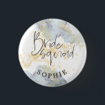 Bride Squad Blue Ombre Watercolor Gold Splash Name 3 Cm Round Badge<br><div class="desc">Just the job for the bachelorette party Bride Squad buttons with cool modern typography overlaid onto bold blue ombré Watercolors with gold splashes. Personalise with your name.</div>