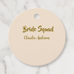 Bride squad bridesmaid name golden orange wedding favour tags