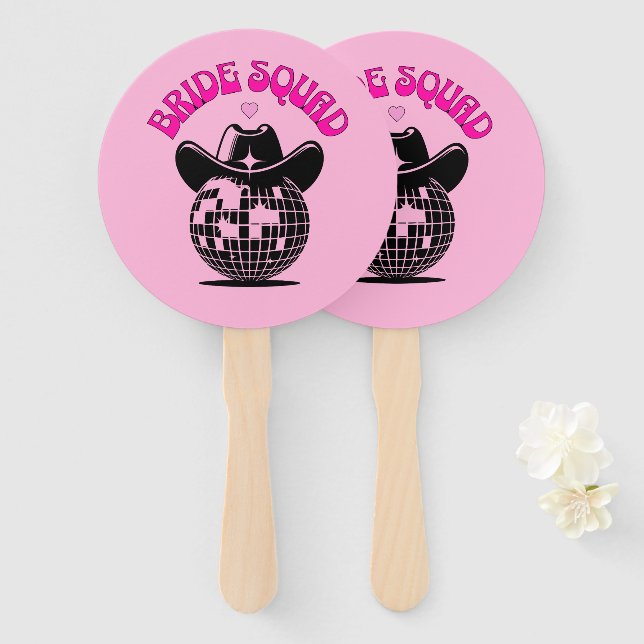 bride squad disco cowgirl pink hand fan (Front and Back)
