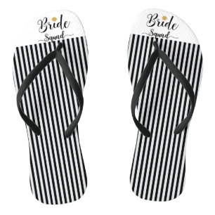 Bride Squad gold flower black white stripes Flip Flops